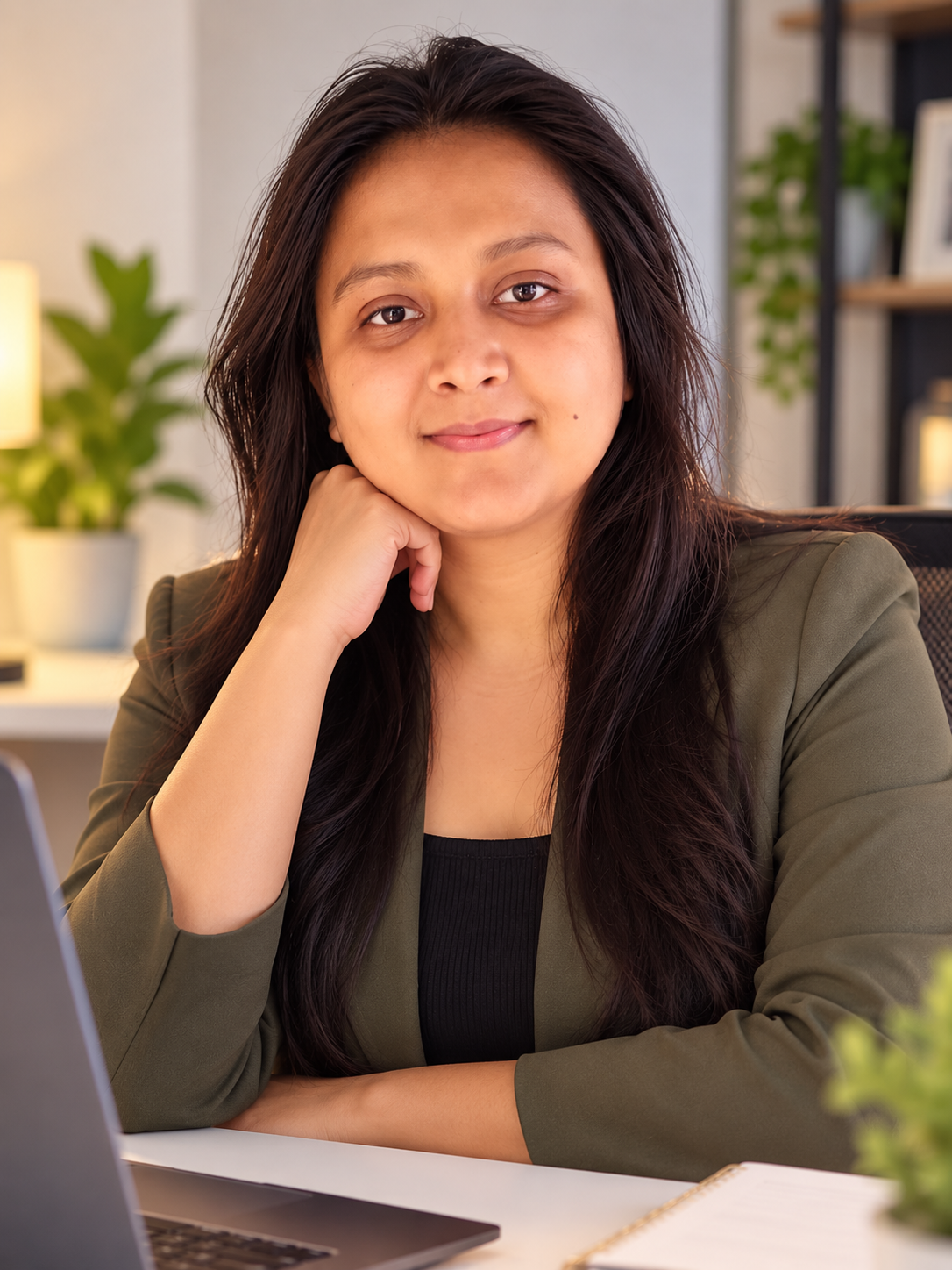 Shristi, Founder of BINAY, working at her laptop
